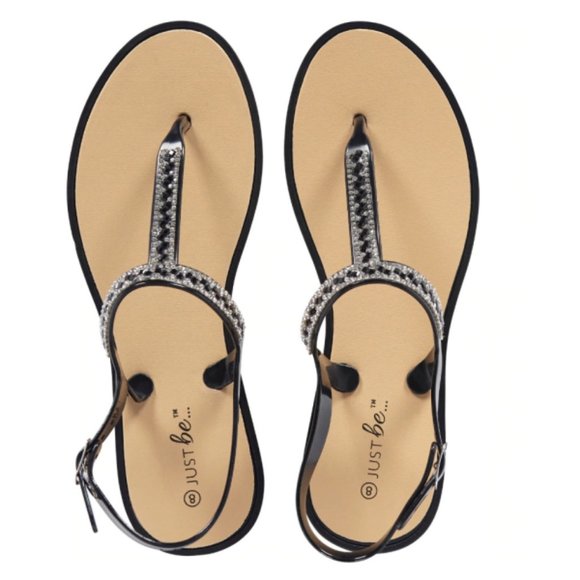 Just Be… Black Jeweled T-Strap Sandals - Size 9 - Picture 3 of 3